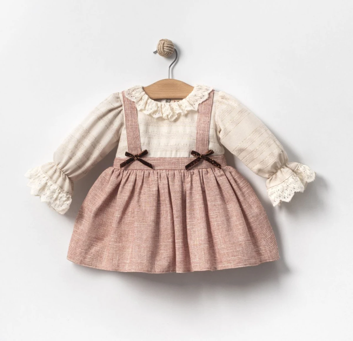 LUNA Askı Detaylı Etekli Uzun Kollu Kız Bebek Elbise Çift Fiyonk - KİREMİT