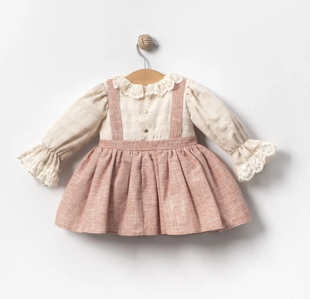 LUNA Askı Detaylı Etekli Uzun Kollu Kız Bebek Elbise Çift Fiyonk - KİREMİT