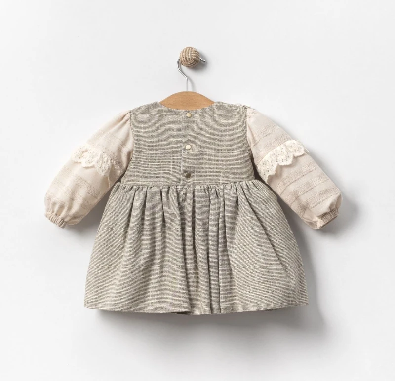 LUNA Askı Detaylı Etekli Uzun Kollu Kız Bebek Elbise Tek Fiyonk  - HAKİ