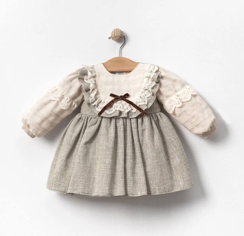 LUNA Askı Detaylı Etekli Uzun Kollu Kız Bebek Elbise Tek Fiyonk  - HAKİ