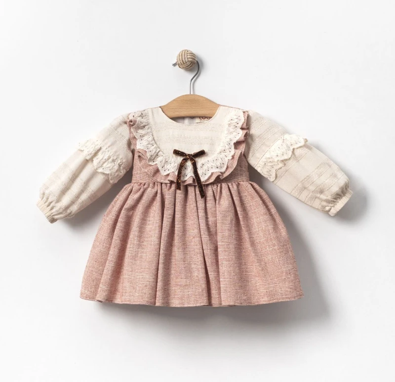 LUNA Askı Detaylı Etekli Uzun Kollu Kız Bebek Elbise Tek Fiyonk  - KİREMİT