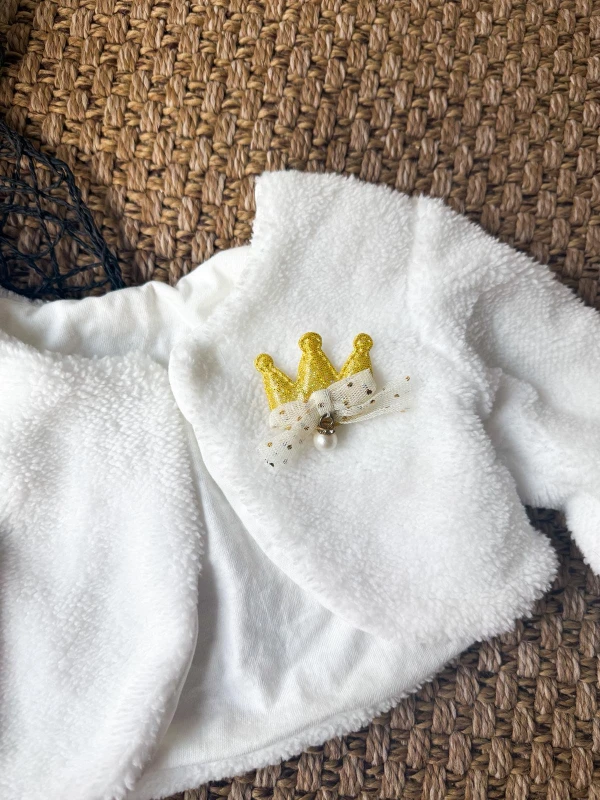 Peluş Kız Çocuk Uzun Kollu Taç Detaylı Bolero - BEYAZ