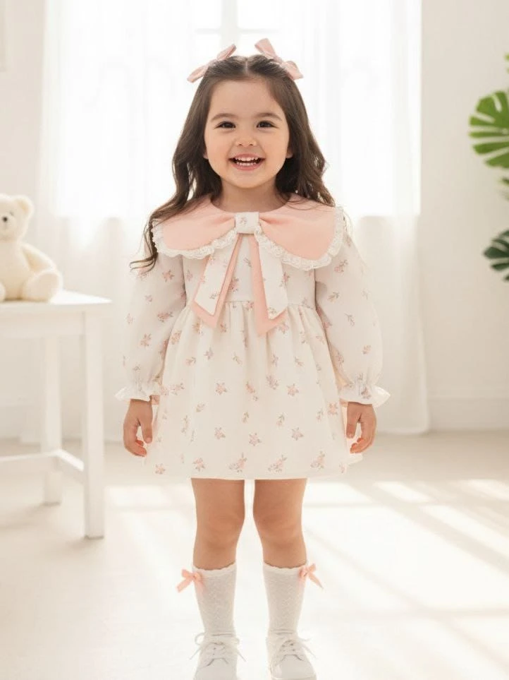 LOUISE Fiyonk Yaka Uzun Kollu Bayramlık Özel Gün Kız Bebek Elbise - SOMON
