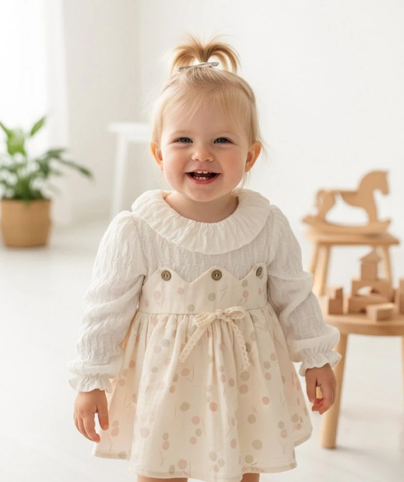 CLARA Uzun Kollu Etekli Özel Gün Bayramlık Kız Bebek Elbise - PUDRA