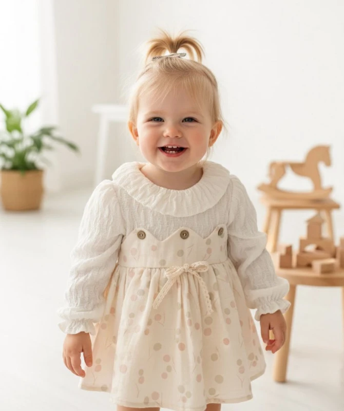 CLARA Uzun Kollu Etekli Özel Gün Bayramlık Kız Bebek Elbise - PUDRA