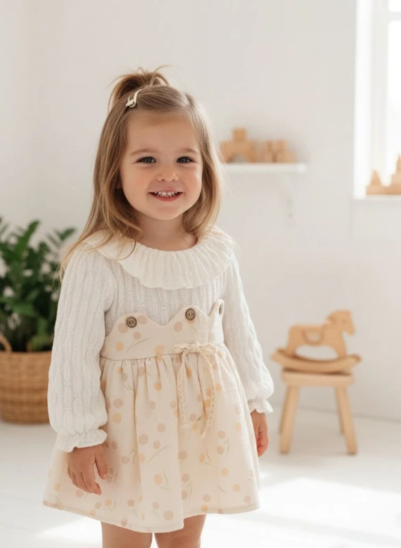 CLARA Uzun Kollu Etekli Özel Gün Bayramlık Kız Bebek Elbise - BEJ