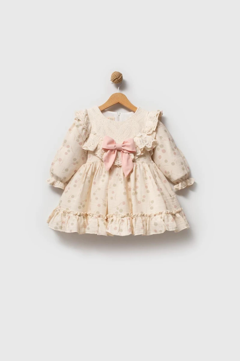 LİNA Uzun Kollu Kurdele Detaylı Kız Çocuk Özel Gün Bayramlık Elbise  - PUDRA