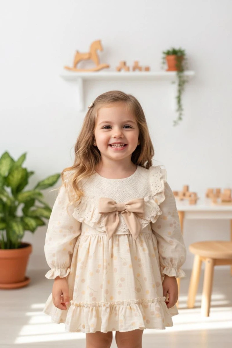 LİNA Uzun Kollu Kurdele Detaylı Kız Çocuk Özel Gün Bayramlık Elbise  - BEJ