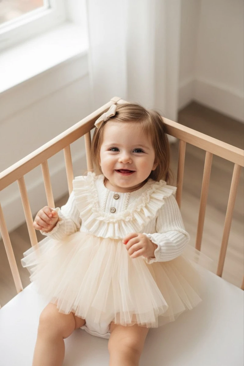 MERY  Uzun Kollu Özel Gün Bayramlık Kız Bebek Elbise  - EKRU