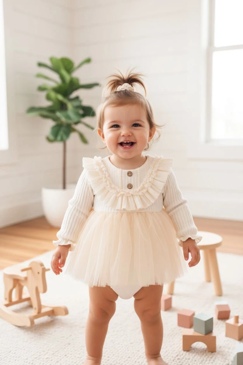 MERY  Uzun Kollu Özel Gün Bayramlık Kız Bebek Elbise  - EKRU