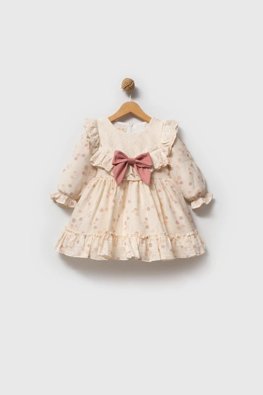 LİNA Uzun Kollu Kurdele Detaylı Kız Çocuk Özel Gün Bayramlık Elbise  - GÜL KURUSU