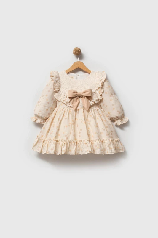 LİNA Uzun Kollu Kurdele Detaylı Kız Çocuk Özel Gün Bayramlık Elbise  - BEJ