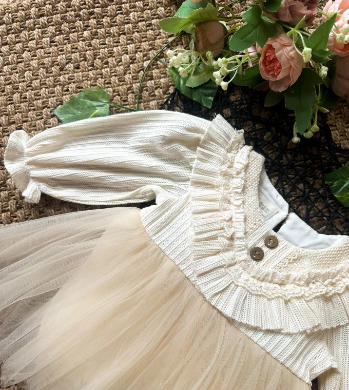 MERY  Uzun Kollu Özel Gün Bayramlık Kız Bebek Elbise  - EKRU