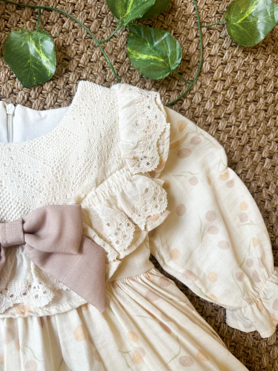 LİNA Uzun Kollu Kurdele Detaylı Kız Çocuk Özel Gün Bayramlık Elbise  - BEJ