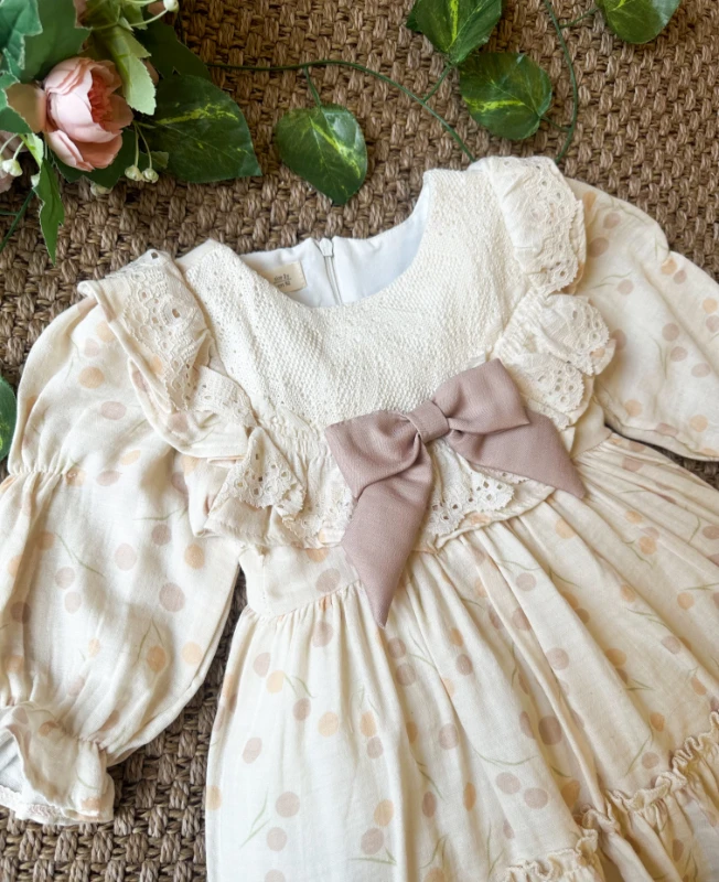 LİNA Uzun Kollu Kurdele Detaylı Kız Çocuk Özel Gün Bayramlık Elbise  - BEJ