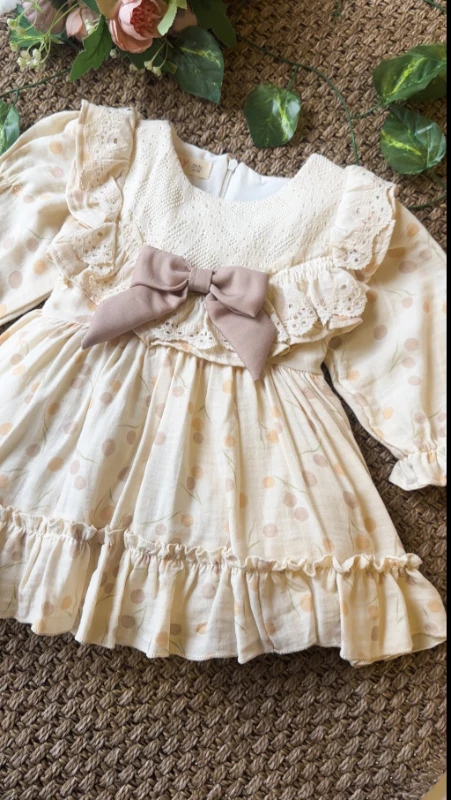 LİNA Uzun Kollu Kurdele Detaylı Kız Çocuk Özel Gün Bayramlık Elbise  - BEJ