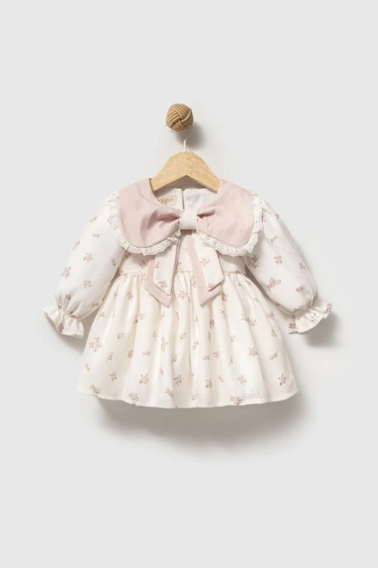 LOUISE Fiyonk Yaka Uzun Kollu Bayramlık Özel Gün Kız Bebek Elbise - PUDRA