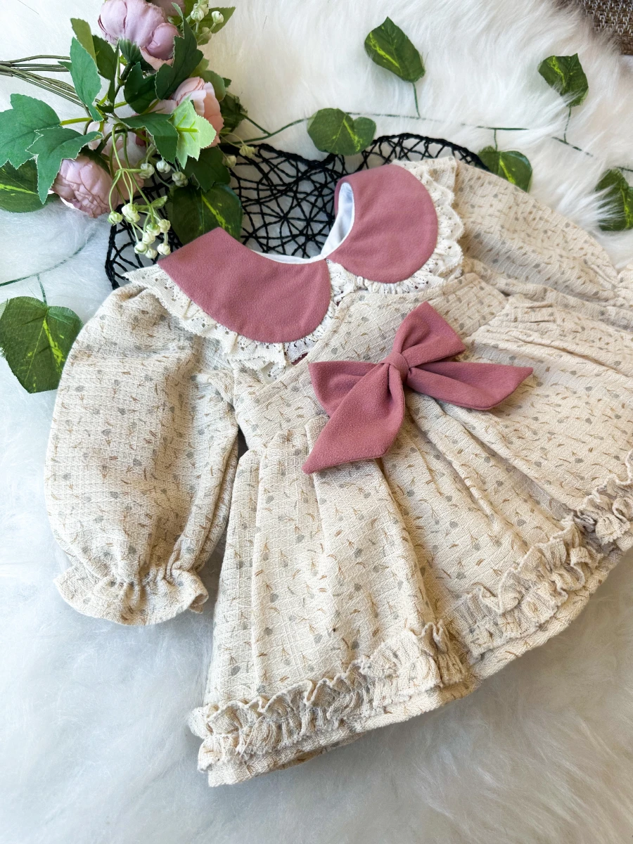 BETTY Kız Bebek Uzun Kollu Dantel Yaka Detaylı Özel Gün Bayramlık Elbise - GÜL KURUSU