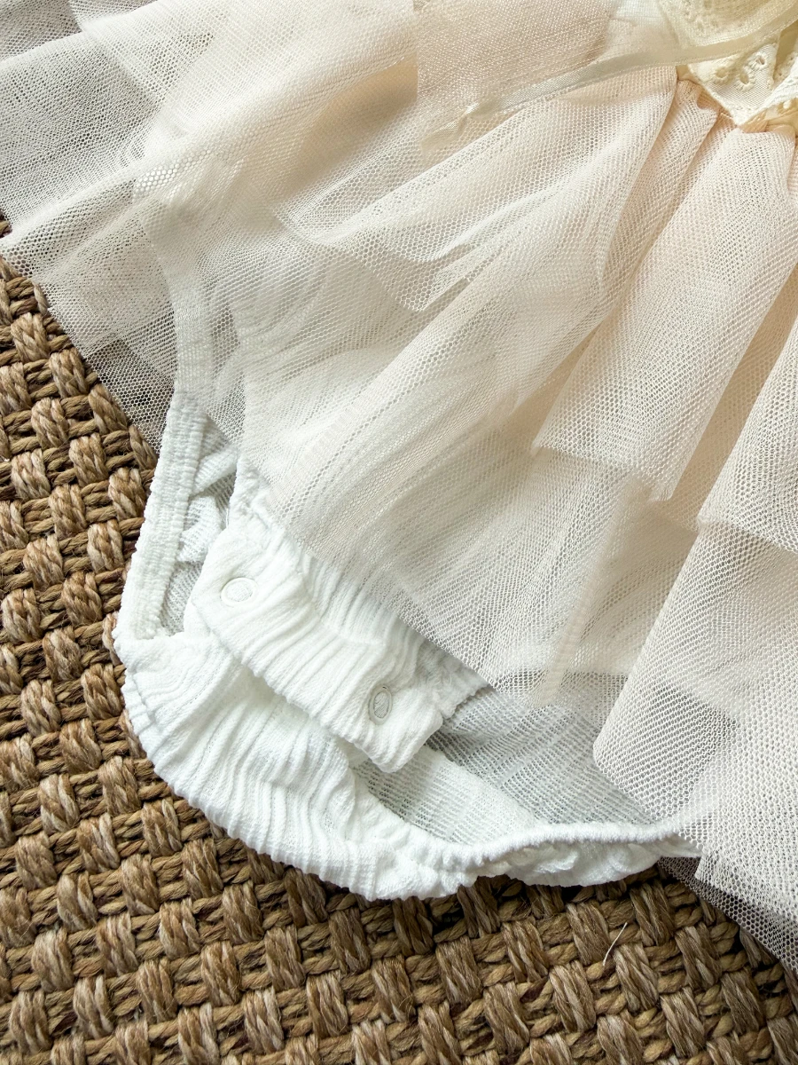 ELİSE Krem Yumuşak Tütü Romper Uzun Kollu Kız Bebek Elbise  - KREM