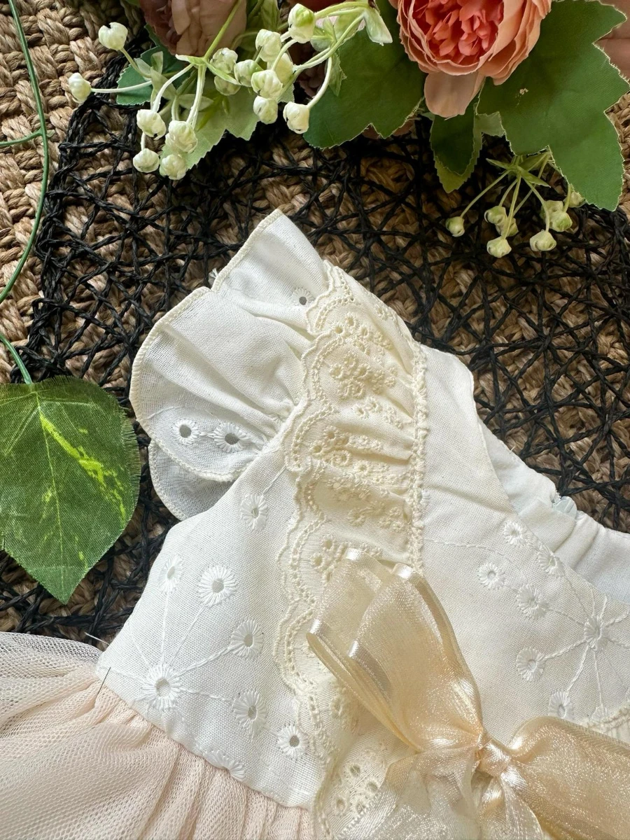 LİANA Krem Yumuşak Tütü Romper Kısa Kollu Kız Bebek Elbise - KREM