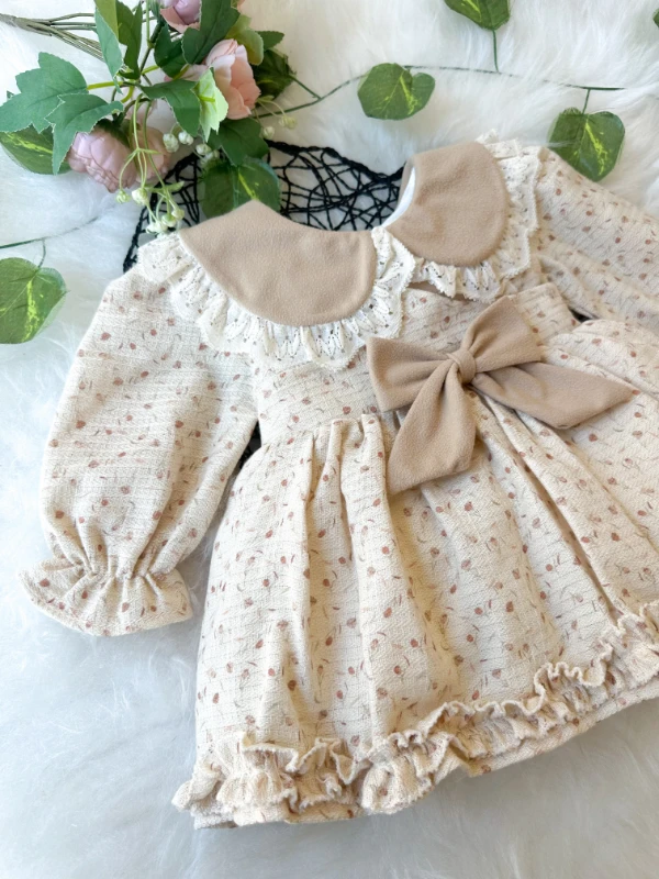 BETTY Kız Bebek Uzun Kollu Dantel Yaka Detaylı Özel Gün Bayramlık Elbise - BEJ