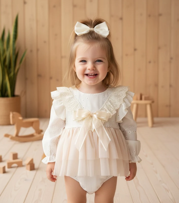 ELİSE Krem Yumuşak Tütü Romper Uzun Kollu Kız Bebek Elbise  - KREM