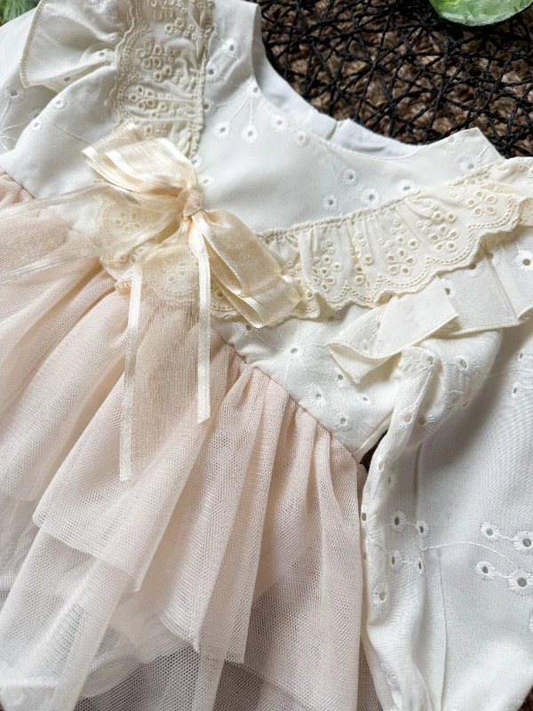 ELİSE Krem Yumuşak Tütü Romper Uzun Kollu Kız Bebek Elbise  - KREM