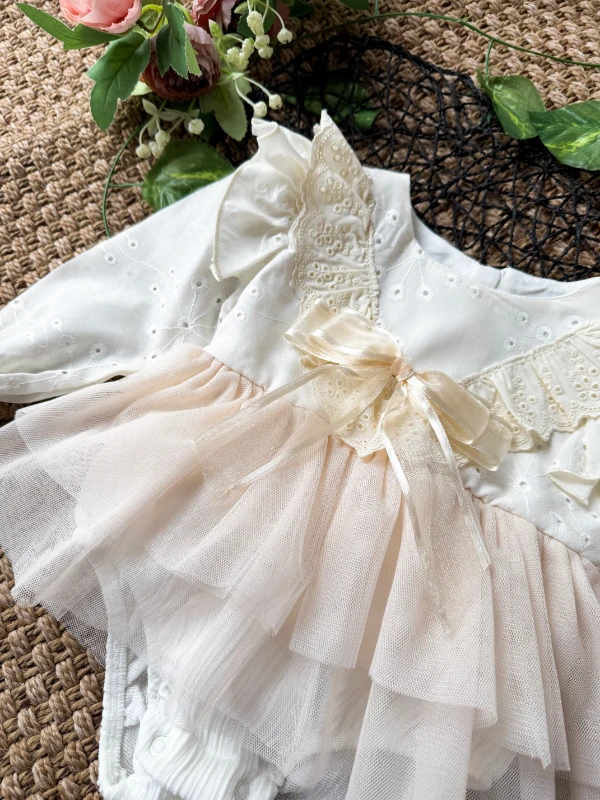 ELİSE Krem Yumuşak Tütü Romper Uzun Kollu Kız Bebek Elbise  - KREM