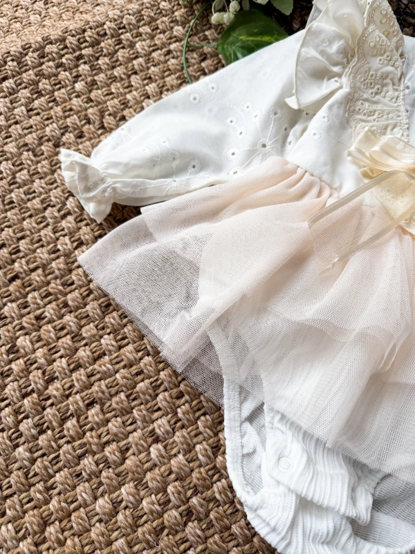 ELİSE Krem Yumuşak Tütü Romper Uzun Kollu Kız Bebek Elbise  - KREM