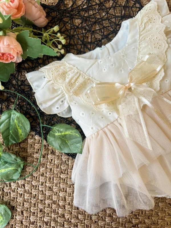 LİANA Krem Yumuşak Tütü Romper Kısa Kollu Kız Bebek Elbise - KREM