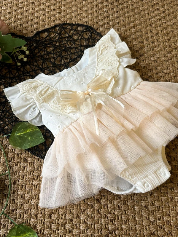 LİANA Krem Yumuşak Tütü Romper Kısa Kollu Kız Bebek Elbise - KREM