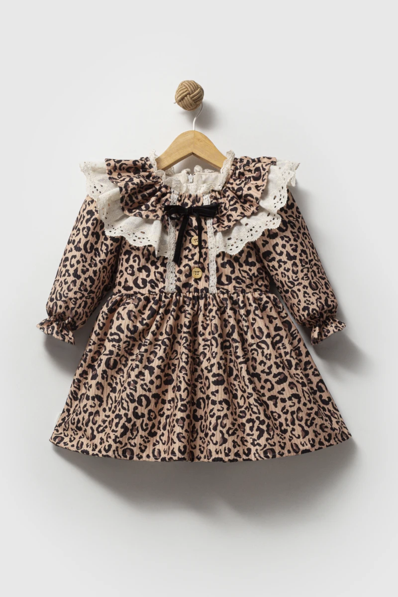 DİVA Leopar Dantel Yaka Detaylı Uzun Kollu Etekli Kız Çocuk Elbise  - KAHVERENGİ