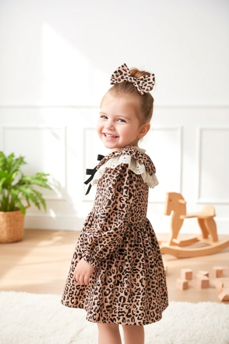 DİVA Leopar Dantel Yaka Detaylı Uzun Kollu Etekli Kız Çocuk Elbise  - KAHVERENGİ
