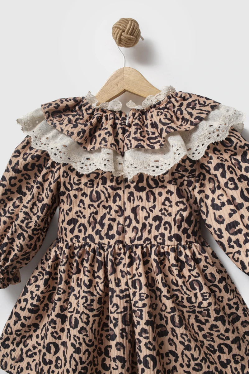 DİVA Leopar Dantel Yaka Detaylı Uzun Kollu Etekli Kız Çocuk Elbise  - KAHVERENGİ
