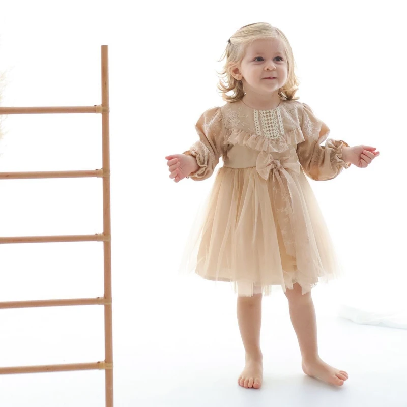 LENORA Prenses Model Tül Fiyonk Detaylı Uzun Kollu Etekli Elbise - BEJ