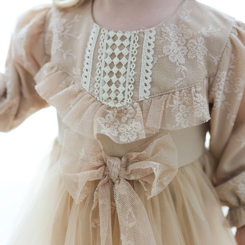 LENORA Prenses Model Tül Fiyonk Detaylı Uzun Kollu Etekli Elbise - BEJ