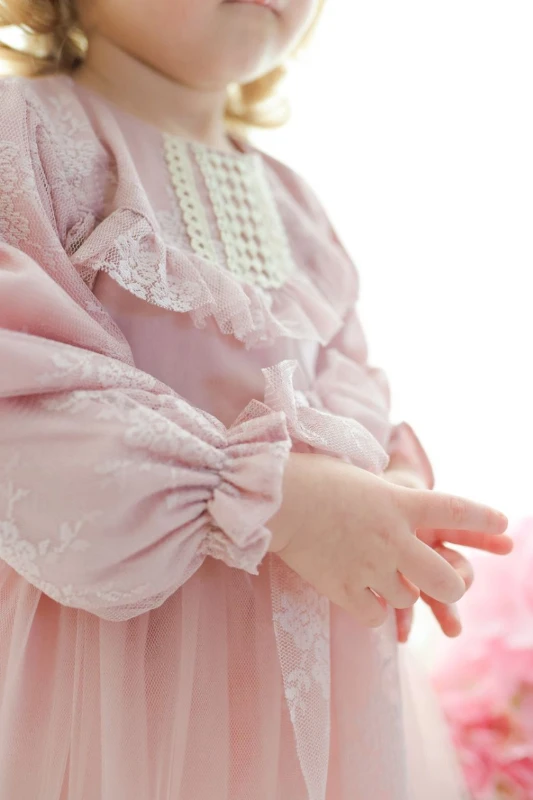 LENORA Prenses Model Tül Fiyonk Detaylı Uzun Kollu Etekli Elbise - ROSE