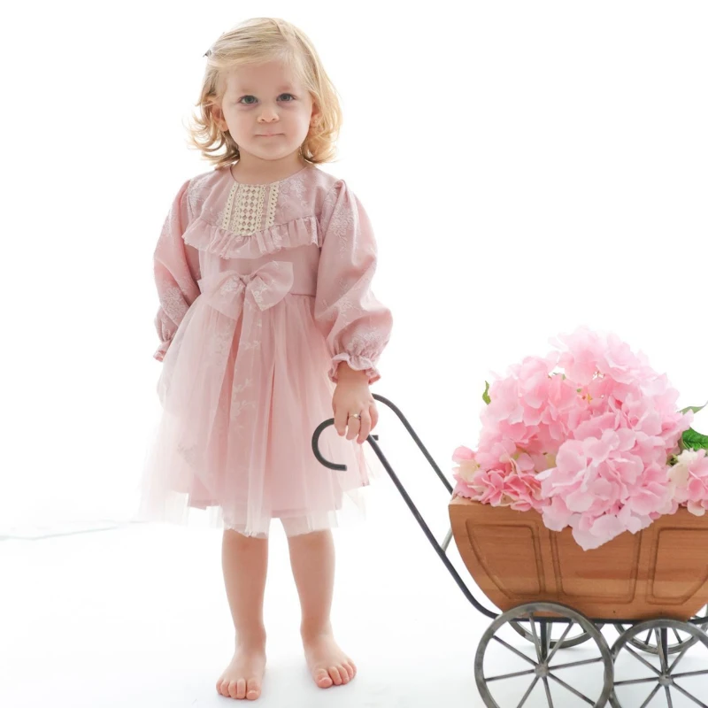 LENORA Prenses Model Tül Fiyonk Detaylı Uzun Kollu Etekli Elbise - ROSE