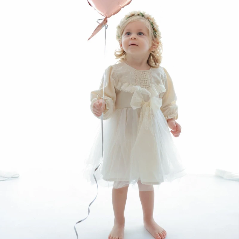 LENORA Prenses Model Tül Fiyonk Detaylı Uzun Kollu Etekli Elbise - EKRU