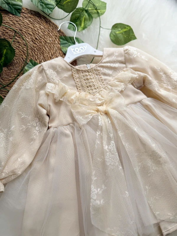 LENORA Prenses Model Tül Fiyonk Detaylı Uzun Kollu Etekli Elbise - EKRU