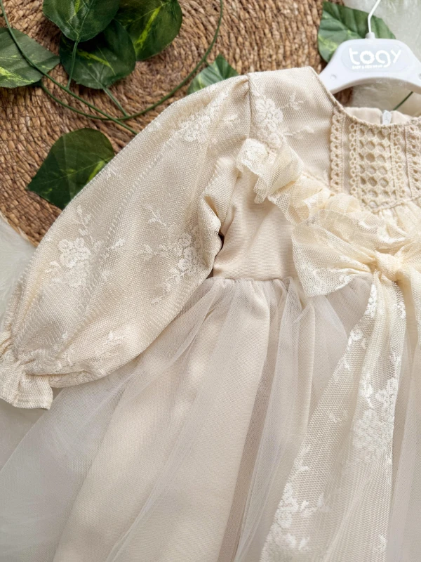 LENORA Prenses Model Tül Fiyonk Detaylı Uzun Kollu Etekli Elbise - EKRU