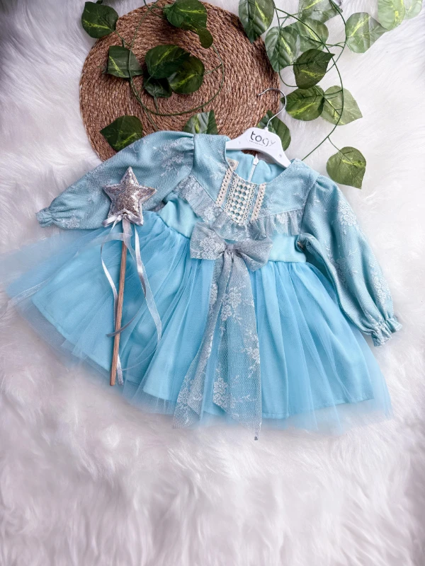 LENORA Prenses Model Tül Fiyonk Detaylı Uzun Kollu Etekli Elbise - MAVİ