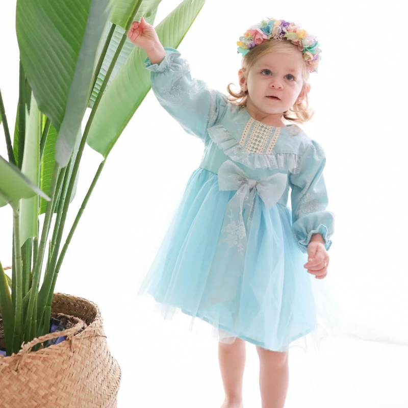 LENORA Prenses Model Tül Fiyonk Detaylı Uzun Kollu Etekli Elbise - MAVİ