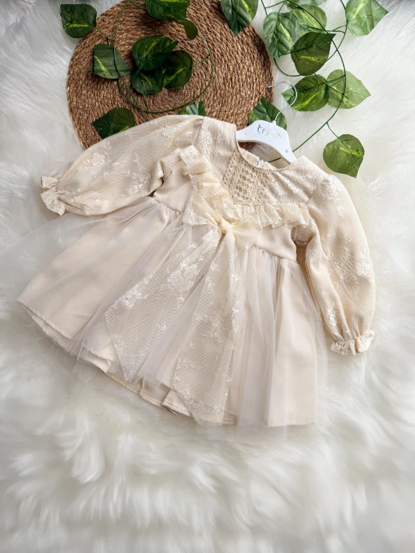 LENORA Prenses Model Tül Fiyonk Detaylı Uzun Kollu Etekli Elbise - EKRU