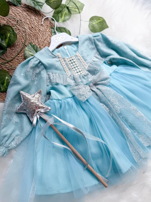 LENORA Prenses Model Tül Fiyonk Detaylı Uzun Kollu Etekli Elbise - MAVİ