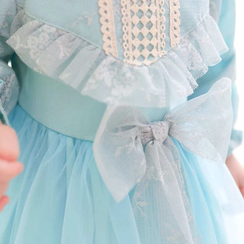 LENORA Prenses Model Tül Fiyonk Detaylı Uzun Kollu Etekli Elbise - MAVİ