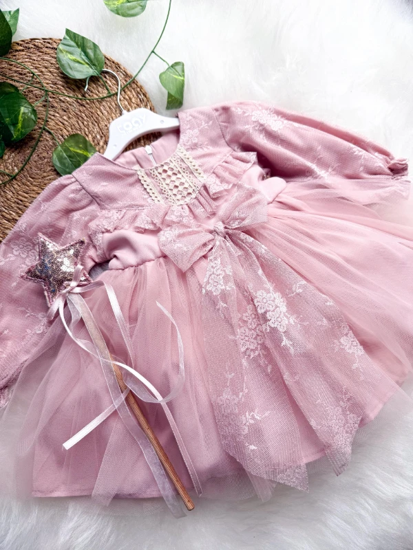 LENORA Prenses Model Tül Fiyonk Detaylı Uzun Kollu Etekli Elbise - ROSE