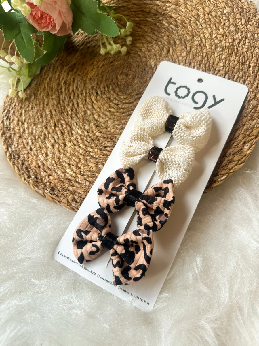 Leopar Desenli Ve Krem Hasır Dokulu Kız Çocuk Bebek Toka Seti - KAHVERENGİ