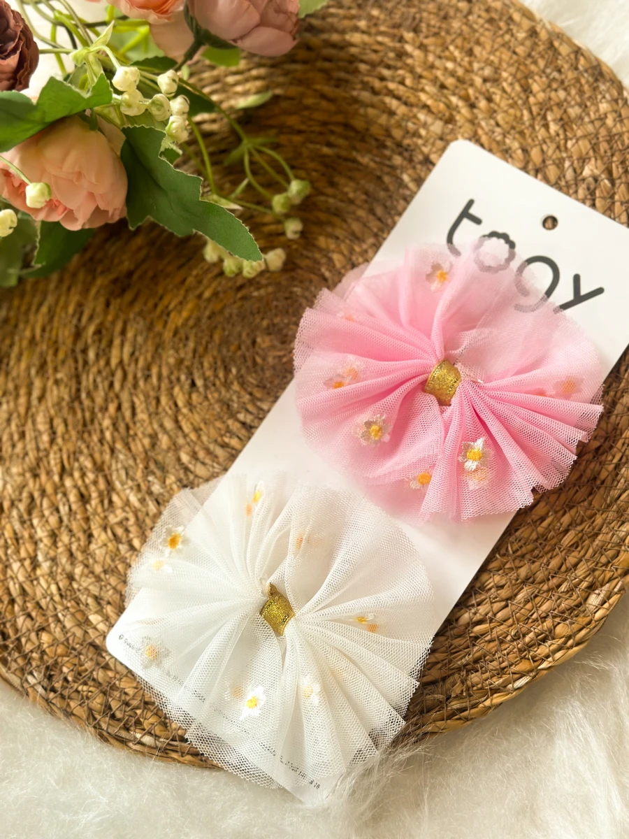 Papatya Desenli Pembe ,Beyaz Kız Çocuk Bebek Toka Seti - BEYAZ