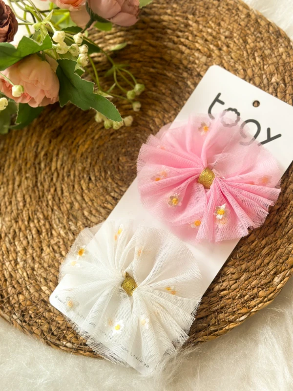 Papatya Desenli Pembe ,Beyaz Kız Çocuk Bebek Toka Seti - BEYAZ